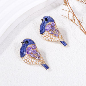 Simple and Cute Plated Gold Enamel Purple Bird Imitation Pearl Stud Earrings with Cubic Zirconia