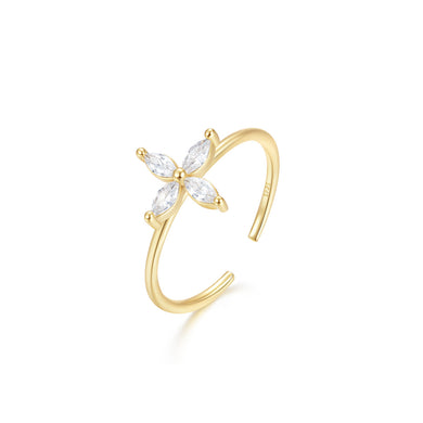 925 Sterling Silver Plated Gold Simple and Fashion Four-leafed Clover Adjustable Open Ring with Cubic Zirconia
