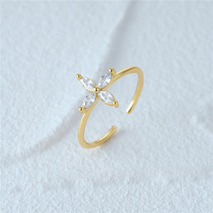 925 Sterling Silver Plated Gold Simple and Fashion Four-leafed Clover Adjustable Open Ring with Cubic Zirconia