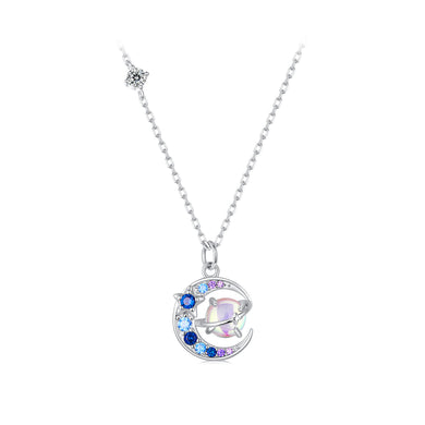 925 Sterling Silver Fashion Creative Planet Moon Pendant with Cubic Zirconia and Necklace
