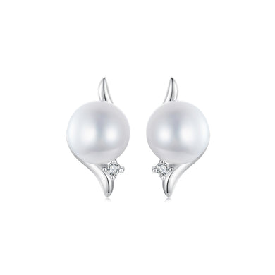 925 Sterling Silver Fashion Simple Geometric Freshwater Pearl Stud Earrings with Cubic Zirconia