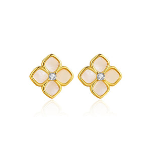 925 Sterling Silver Plated Gold Simple and Fashion Four-leafed Clover Shell Stud Earrings with Cubic Zirconia