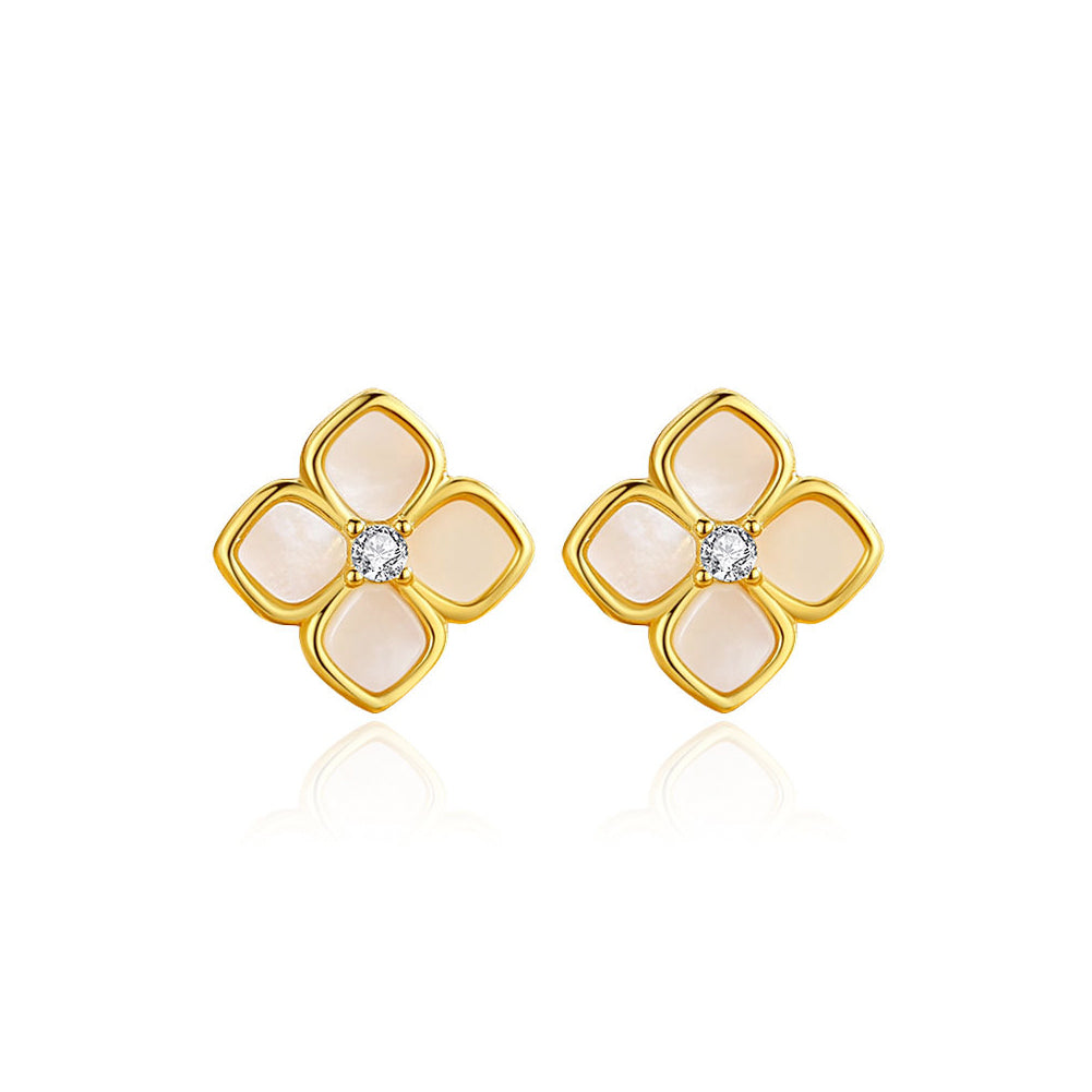925 Sterling Silver Plated Gold Simple and Fashion Four-leafed Clover Shell Stud Earrings with Cubic Zirconia