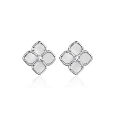 925 Sterling Silver Simple and Fashion Four-leafed Clover Shell Stud Earrings with Cubic Zirconia