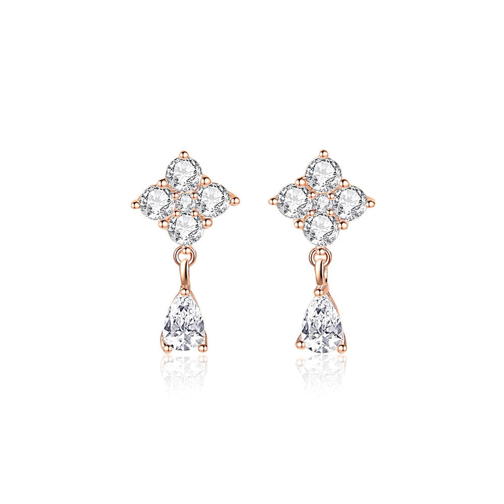 925 Sterling Silver Plated Rose Gold Simple and Fashion Four-leafed Clover Water Drop Earrings with Cubic Zirconia