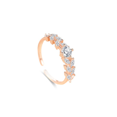 925 Sterling Silver Plated Rose Gold Simple and Fashion Leaf Adjustable Open Ring with Cubic Zirconia