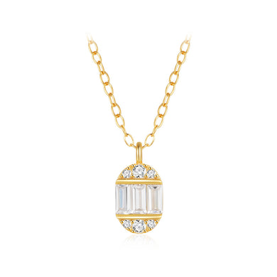 925 Sterling Silver Plated Gold Simple and Fashion Geometric Oval Pendant with Cubic Zirconia and Necklace