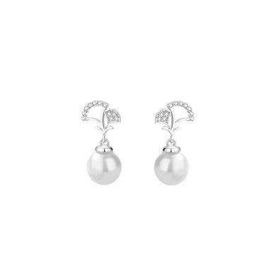 925 Sterling Silver Fashion Simple Ginkgo Leaf Imitation Pearl Earrings with Cubic Zirconia