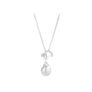 925 Sterling Silver Fashion and Simple Ginkgo Leaf Imitation Pearl Pendant with Cubic Zirconia and Necklace