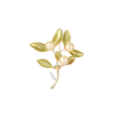 Fashion and Elegant Plated Gold Enamel Green Leaf Imitation Pearl Brooch with Cubic Zirconia
