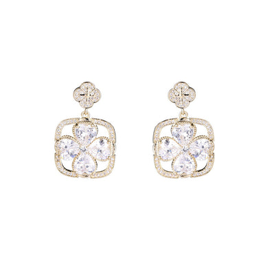 Fashion and Simple Plated Gold Four-leafed Clover Hollow Geometric Earrings with Cubic Zirconia