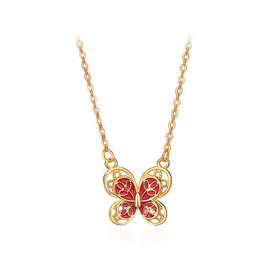 925 Sterling Silver Plated Gold Simple Temperament Hollow Butterfly Pendant with Necklace
