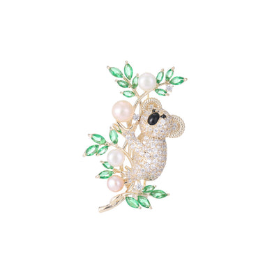 Brilliant Lovely Plated Gold Koala Leaf Imitation Pearl Brooch with Cubic Zirconia