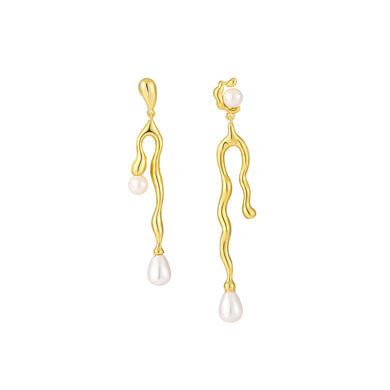 925 Sterling Silver Plated Gold Fashion Personality Irregular Line Geometric Asymmetrical Earrings with Imitation Pearls