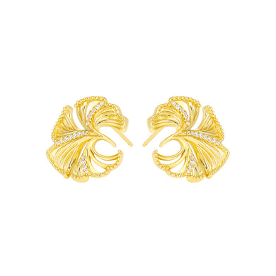 925 Sterling Silver Plated Gold Fashion Simple Ginkgo Leaf Stud Earrings with Cubic Zirconia