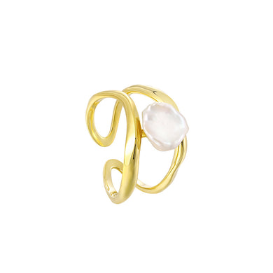 925 Sterling Silver Plated Gold Fashion Irregular Freshwater Pearl Multi-layer Geometric Adjustable Open Ring