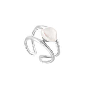 925 Sterling Silver Fashion Irregular Freshwater Pearl Multi-layer Geometric Adjustable Open Ring