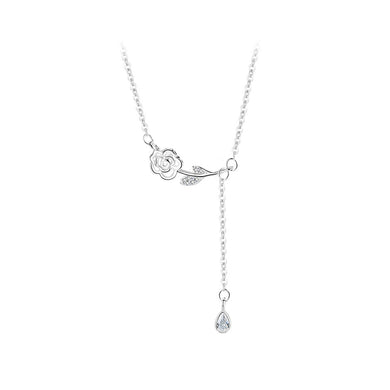925 Sterling Silver Fashion Romantic Rose Tassel Pendant with Cubic Zirconia and Necklace