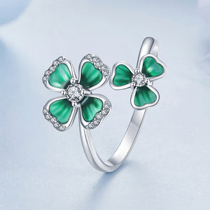 925 Sterling Silver Fashion and Elegant Enamel Four-Leafed Clover Adjustable Open Ring with Cubic Zirconia