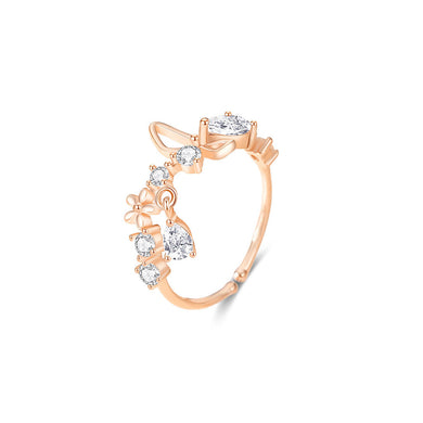 925 Sterling Silver Plated Rose Gold Fashion Butterfly Flower Adjustable Open Ring with Cubic Zirconia