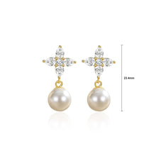Load image into Gallery viewer, 925 Sterling Silver Plated Gold Fashion Elegant Four-Leafed Clover Imitation Pearl Earrings with Cubic Zirconia