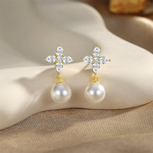 Load image into Gallery viewer, 925 Sterling Silver Plated Gold Fashion Elegant Four-Leafed Clover Imitation Pearl Earrings with Cubic Zirconia