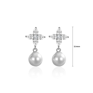 925 Sterling Silver Fashion Elegant Four-Leafed Clover Imitation Pearl Earrings with Cubic Zirconia