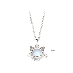 925 Sterling Silver Cute Creative Cat Planet Moonstone Pendant with Cubic Zirconia and Necklace