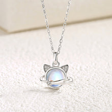 Load image into Gallery viewer, 925 Sterling Silver Cute Creative Cat Planet Moonstone Pendant with Cubic Zirconia and Necklace