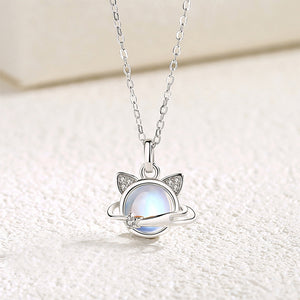 925 Sterling Silver Cute Creative Cat Planet Moonstone Pendant with Cubic Zirconia and Necklace