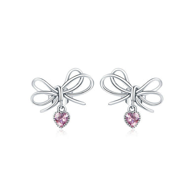 925 Silver Silver Sweet and Fashion Ribbon Heart Stud Earrings with Cubic Zirconia