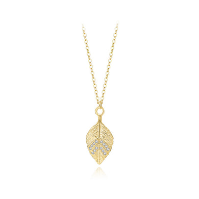 925 Sterling Silver Plated Gold Fashion Simple Leaf Pendant with Cubic Zirconia and Necklace