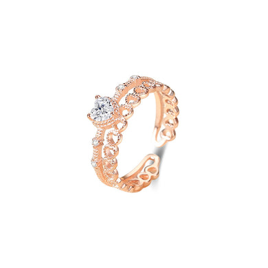 925 Sterling Silver Plated Rose Gold Fashion Hollow Heart-shaped Double-layer Adjustable Open Ring with Cubic Zirconia