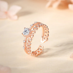 925 Sterling Silver Plated Rose Gold Fashion Hollow Heart-shaped Double-layer Adjustable Open Ring with Cubic Zirconia