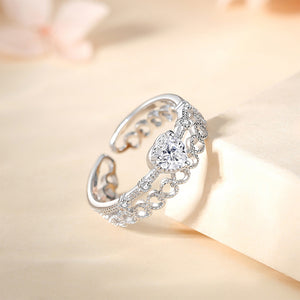 925 Sterling Silver Fashion Hollow Heart-shaped Double-layer Adjustable Open Ring with Cubic Zirconia