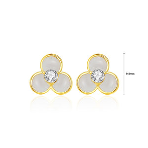 925 Sterling Silver Plated Gold Simple Cute Three-leafed Clover Stud Earrings with Cubic Zirconia