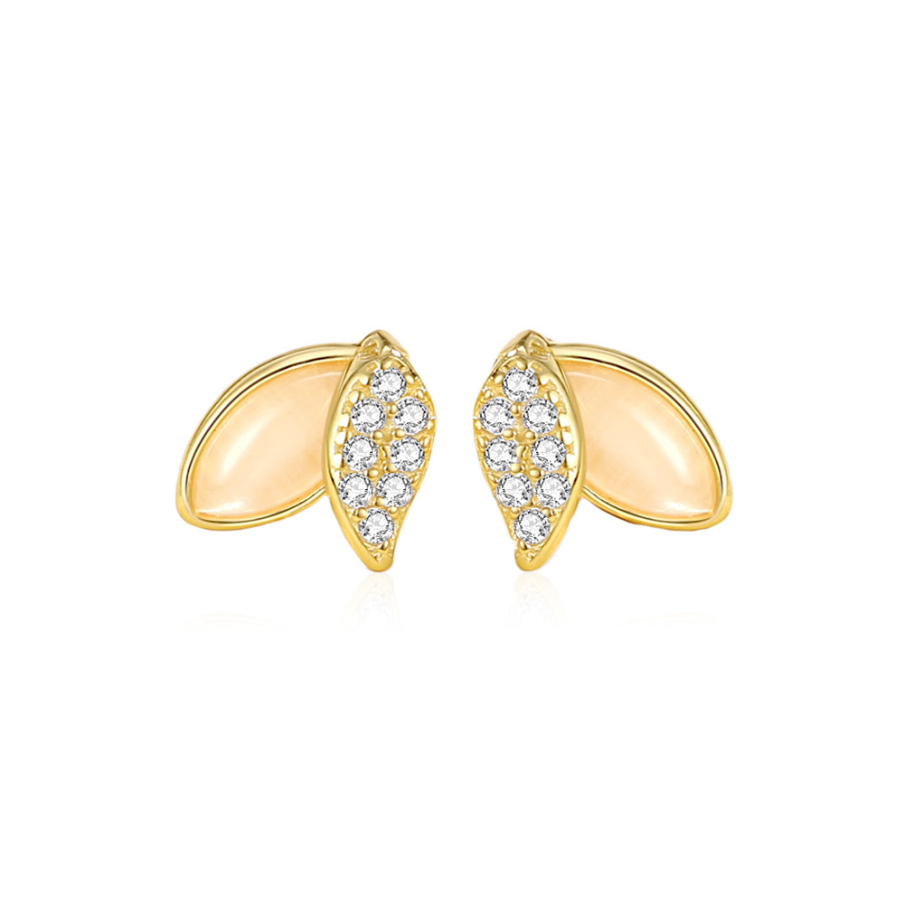 925 Sterling Silver Plated Gold Simple and Fashion Leaf Imitation Cats Eye Stud Earrings with Cubic Zirconia