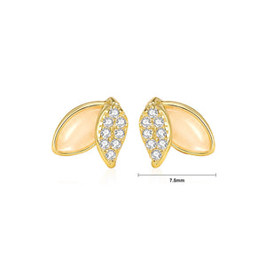 925 Sterling Silver Plated Gold Simple and Fashion Leaf Imitation Cats Eye Stud Earrings with Cubic Zirconia