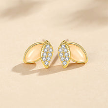 Load image into Gallery viewer, 925 Sterling Silver Plated Gold Simple and Fashion Leaf Imitation Cats Eye Stud Earrings with Cubic Zirconia