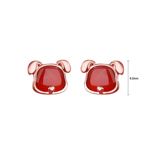 925 Sterling Silver Plated Rose Gold Simple and Cute Twelve Zodiac Dog Imitation Agate Stud Earrings
