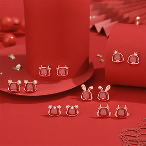 925 Sterling Silver Plated Rose Gold Simple and Cute Twelve Zodiac Dog Imitation Agate Stud Earrings