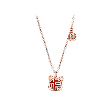 925 Sterling Silver Rose Plated Gold Fashion Vintage Zodiac Mice Imitation Agate Pendant with Cubic Zirconia and Necklace