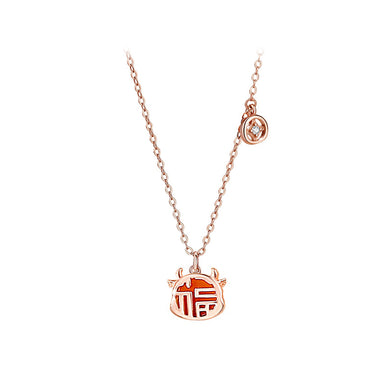 925 Sterling Silver Rose Plated Gold Fashion Vintage Zodiac Ox Imitation Agate Pendant with Cubic Zirconia and Necklace