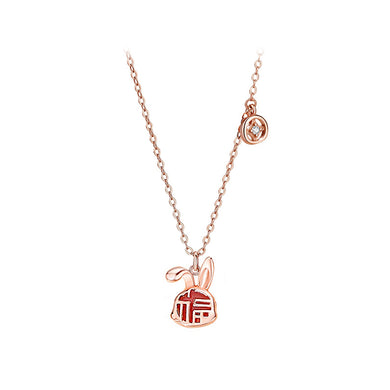 925 Sterling Silver Rose Plated Gold Fashion Vintage Zodiac Rabbit Imitation Agate Pendant with Cubic Zirconia and Necklace