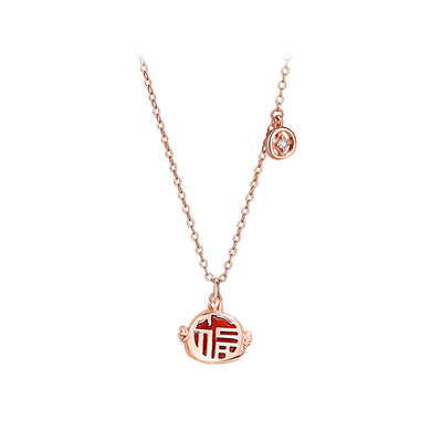 925 Sterling Silver Rose Plated Gold Fashion Vintage Zodiac Cock Imitation Agate Pendant with Cubic Zirconia and Necklace