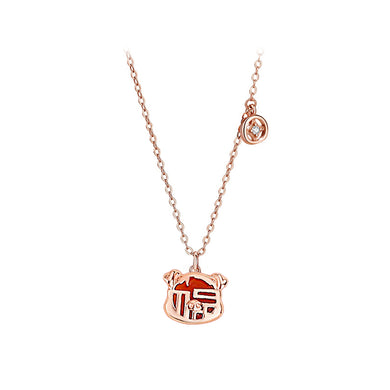 925 Sterling Silver Rose Plated Gold Fashion Vintage Zodiac Pig Imitation Agate Pendant with Cubic Zirconia and Necklace
