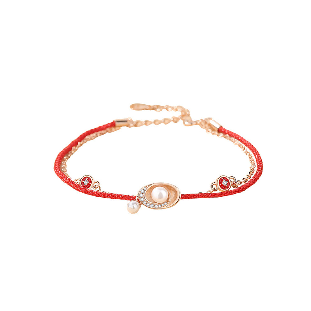 925 Sterling Silver Plated Rose Gold Fashion Simple Ingot Imitation Pearl Double Layer Bracelet with Cubic Zirconia