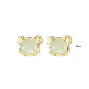 925 Sterling Silver Plated Gold Simple and Elegant Twelve Zodiac Dog Imitation Hetian Jade Stud Earrings