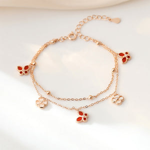 925 Sterling Silver Plated Rose Gold Simple and Elegant Butterfly Four-leafed Clover Double Layer Bracelet with Cubic Zirconia