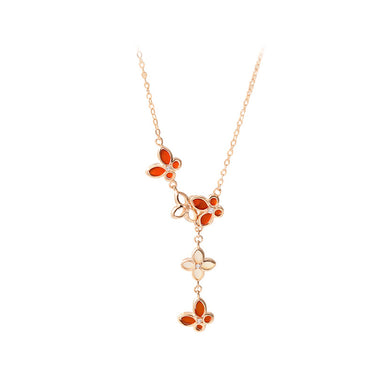 925 Sterling Silver Plated Rose Gold Fashion Simple Butterfly Four-leafed Clover Tassel Pendant with Cubic Zirconia and Necklace